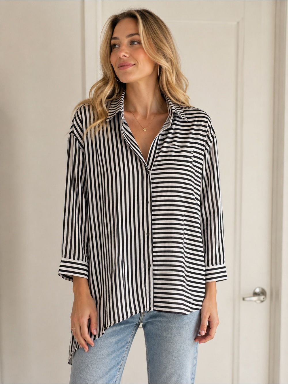 Chico’s Size 4 XXL 20 Plus Black White Striped Asymmetrical Button Down Shirt
